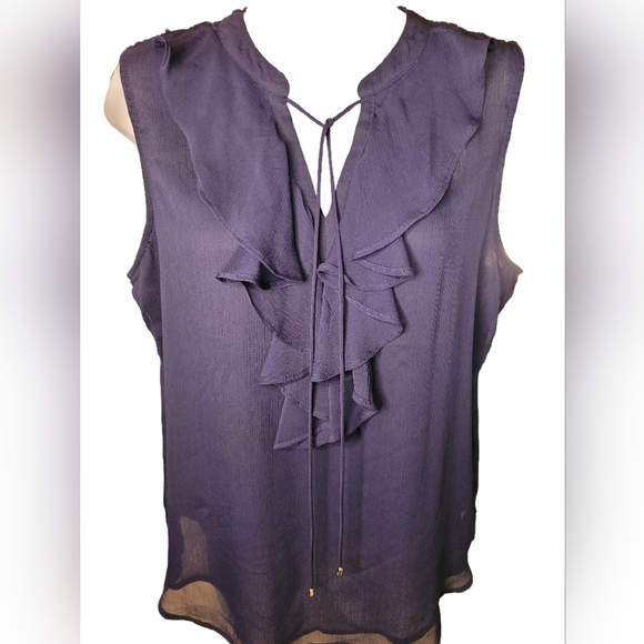 Tomny Hilfiger Ruffled Sleeveless Top - Navy Blue Sheer Fully Lined Sz M - Picture 4 of 4